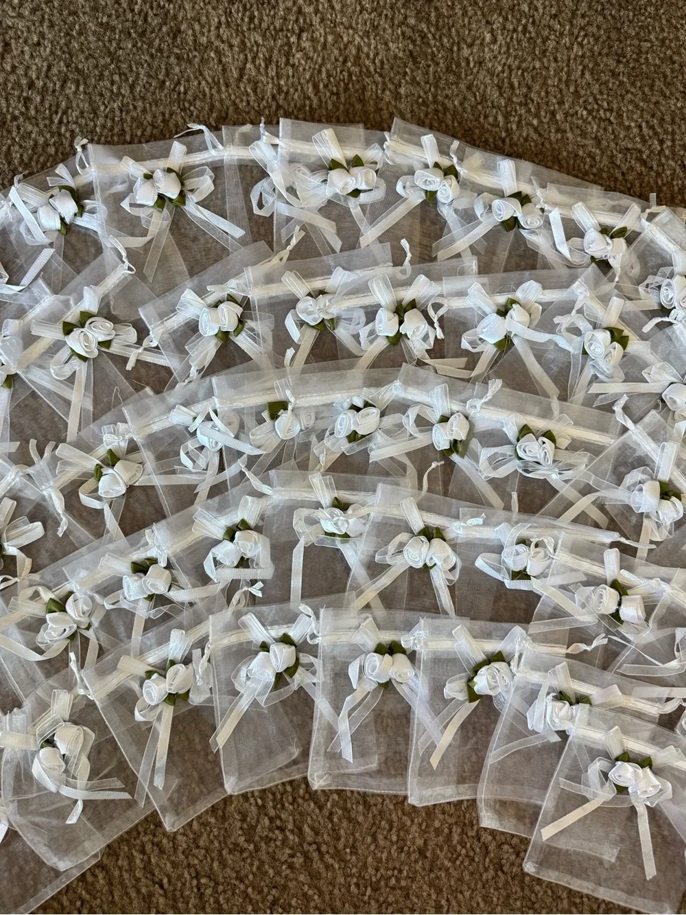 50 PCS White 3D Flower Organza Drawstring Gift Bags